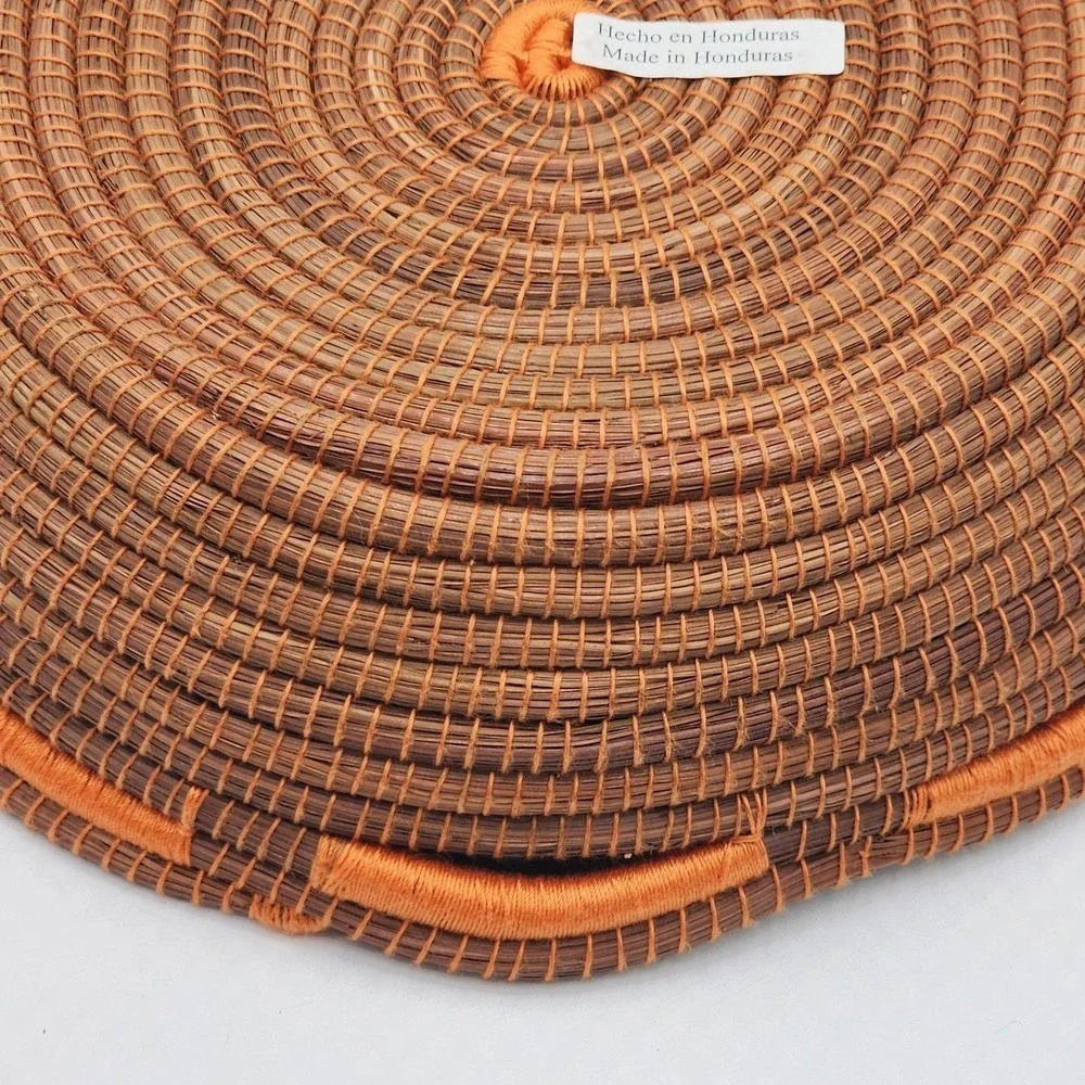 Handwoven Honduran Pine Needle Basket Round Coiled Scalloped Rim Colorful Boho